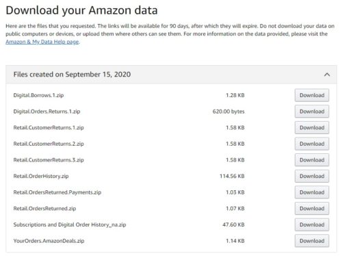 Amazon Data Download screen